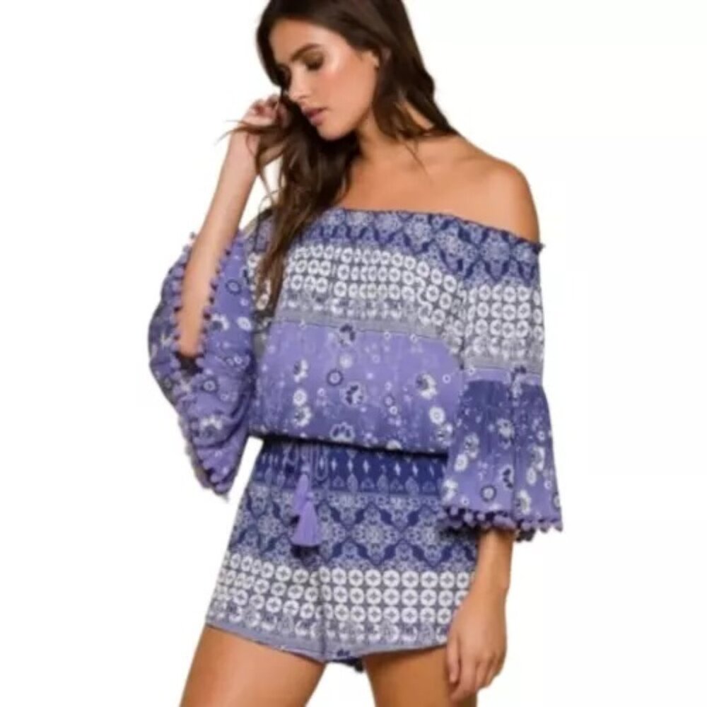 Anthropologie Raga Mazo Cobalt Blue Off Shoulder BOHO Romper Size: S